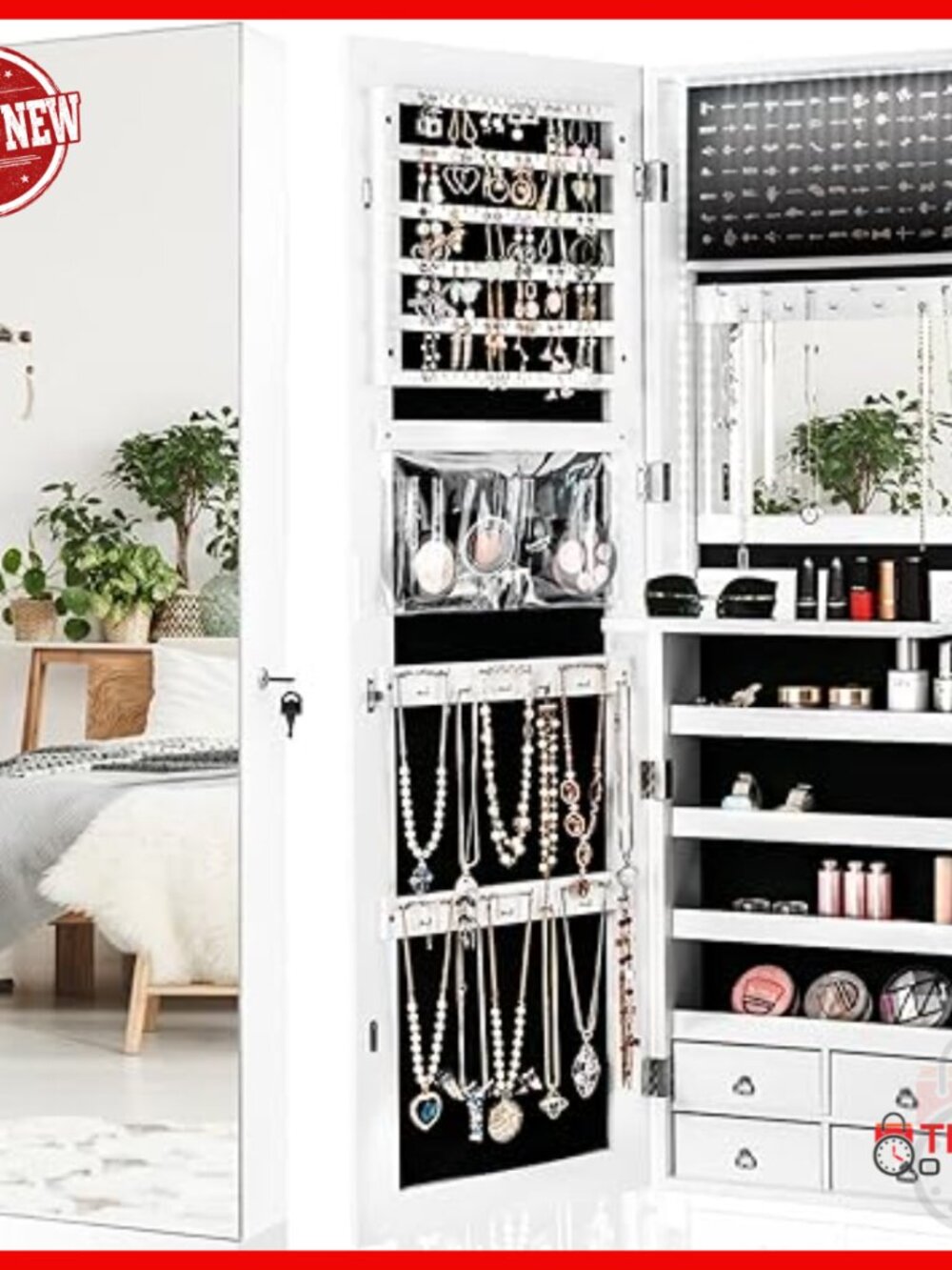 Led Jewelry Armoire With Full Length Mirror, Wall Mount, 4 Drawers, Cosmetic